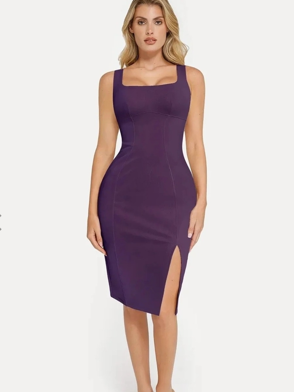 POPILUSH Square Neck Purple Bodycon Midi Dress with Side Slit L NWT